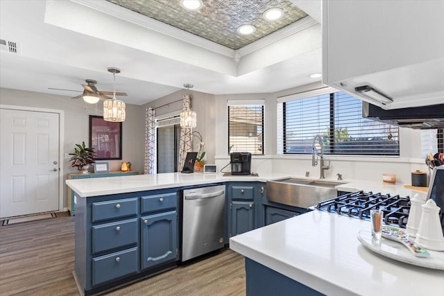 kitchen featuring dishwasher, an ornate ceiling, a peninsula, a tray ceiling, and blue cabinetry