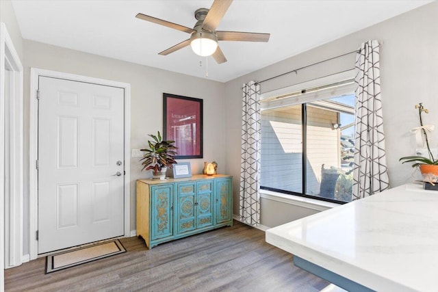 foyer entrance with wood finished floors, a ceiling fan, and baseboards