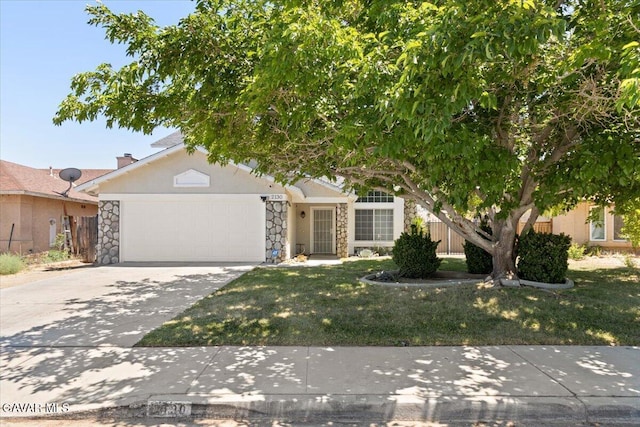 2130 Candice Ave, Rosamond, CA 93560 - obstructed view of property with stone siding, a garage, driveway, and a front lawn