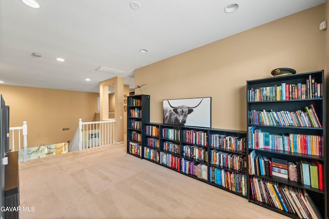 41507 Alexo Dr, Lancaster, CA 93536 - living area featuring an upstairs landing, carpet flooring, and recessed lighting