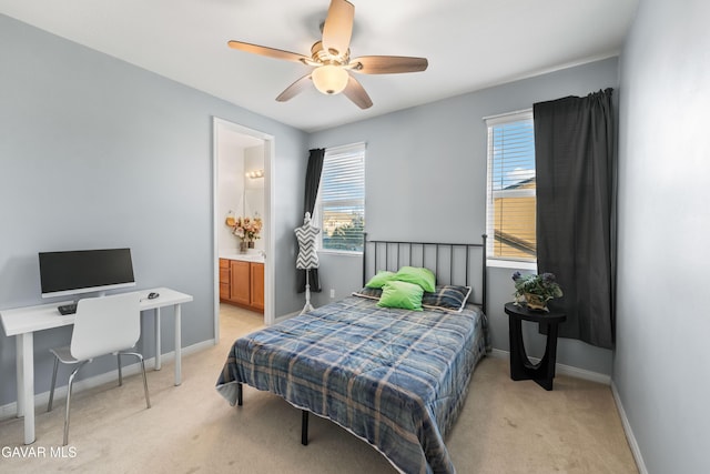 41507 Alexo Dr, Lancaster, CA 93536 - bedroom featuring light colored carpet, connected bathroom, and ceiling fan