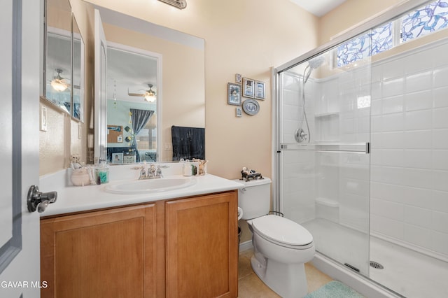 41507 Alexo Dr, Lancaster, CA 93536 - full bath featuring a stall shower, vanity, ceiling fan, and tile patterned floors