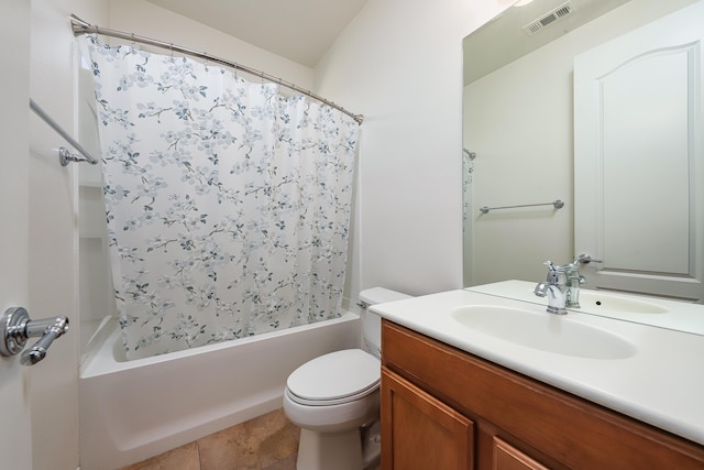 full bathroom with vanity, shower / bath combo, and toilet