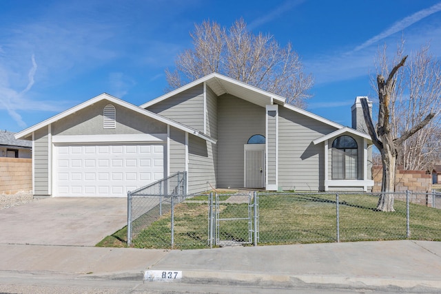 mid-century modern home with a garage, driveway, a fenced front yard, a gate, and a front lawn