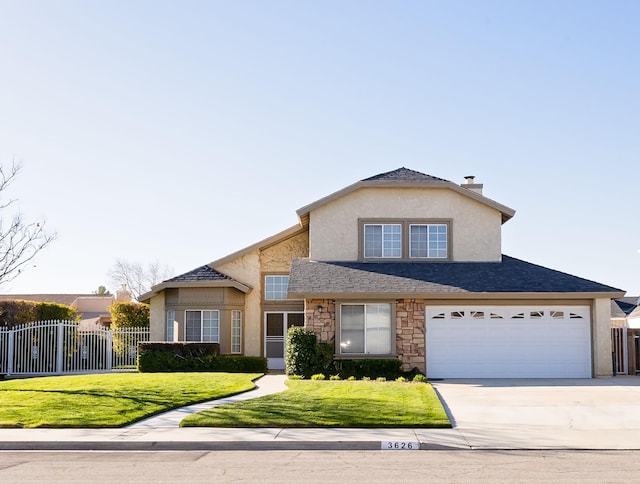 traditional-style home featuring a front lawn, fence, stucco siding, a garage, and driveway