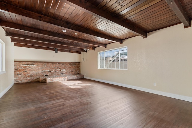 unfurnished living room featuring wooden ceiling, brick wall, dark hardwood / wood-style floors, and beamed ceiling