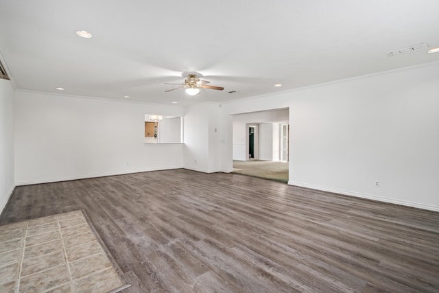 unfurnished room with crown molding, wood-type flooring, and ceiling fan