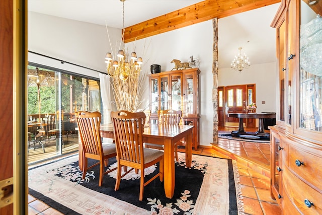 dining space featuring light tile patterned floors and a notable chandelier