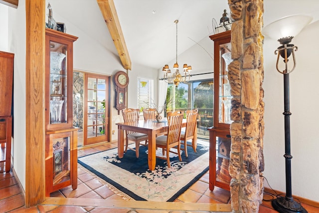 dining space with light tile patterned floors, vaulted ceiling, and an inviting chandelier