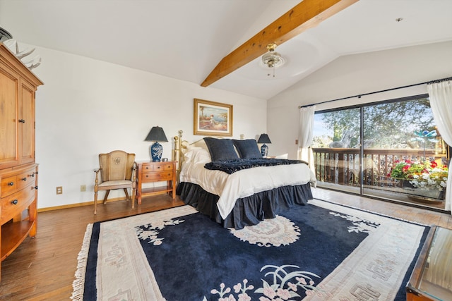 bedroom with access to outside, ceiling fan, dark hardwood / wood-style flooring, and lofted ceiling with beams