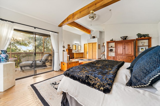 bedroom with lofted ceiling with beams, access to outside, light hardwood / wood-style flooring, and ceiling fan