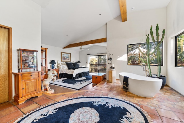 living room featuring lofted ceiling with beams, ceiling fan, and light tile patterned flooring