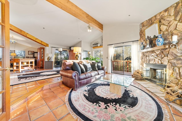 living room featuring tile patterned floors, a stone fireplace, and vaulted ceiling with beams