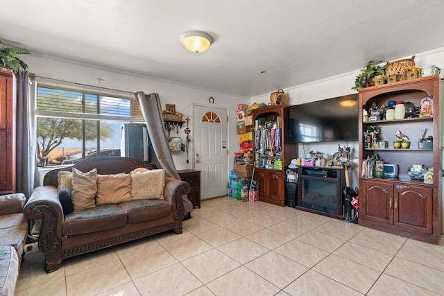 tiled living room featuring crown molding