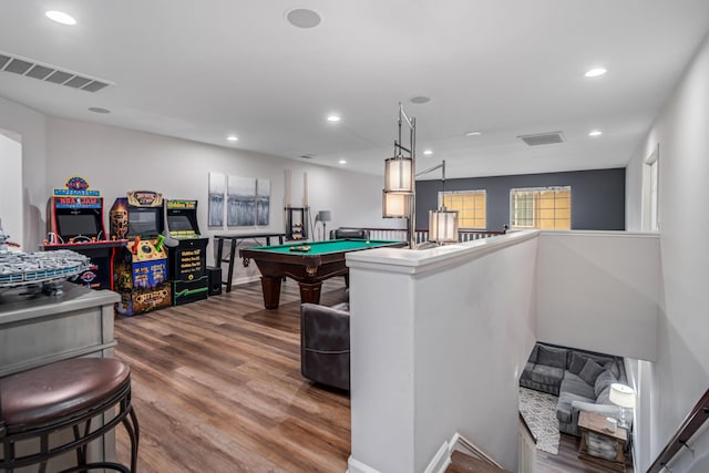 recreation room featuring billiards, recessed lighting, wood finished floors, and visible vents