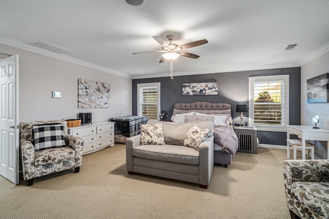 bedroom with light carpet, visible vents, radiator, and ornamental molding