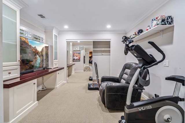 workout area featuring visible vents, recessed lighting, crown molding, and baseboards