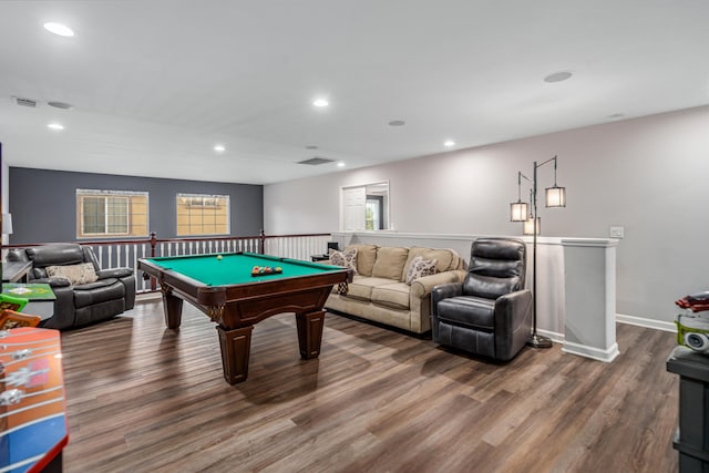 recreation room with wood finished floors, visible vents, baseboards, recessed lighting, and pool table