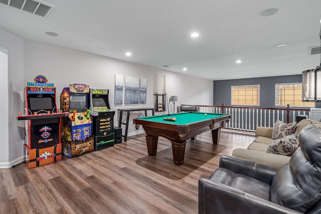 game room with wood finished floors, visible vents, baseboards, recessed lighting, and pool table