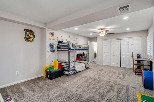 bedroom featuring visible vents, baseboards, carpet flooring, recessed lighting, and a closet