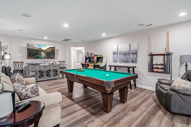 playroom with wood finished floors, visible vents, baseboards, recessed lighting, and pool table