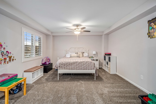 bedroom featuring a ceiling fan, baseboards, and carpet floors