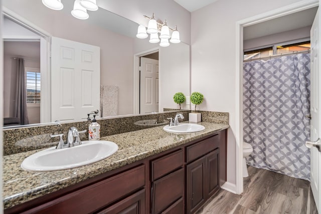 full bath with double vanity, wood finished floors, toilet, and a sink