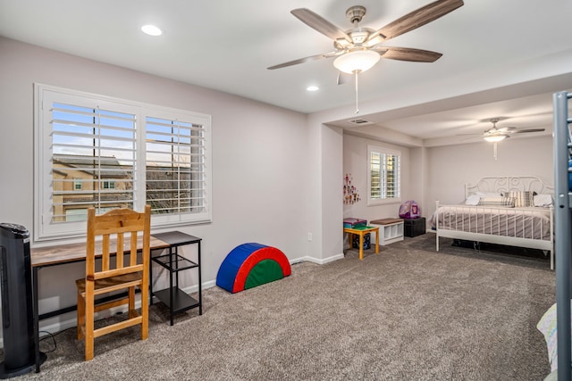 bedroom with recessed lighting, baseboards, carpet floors, and a ceiling fan