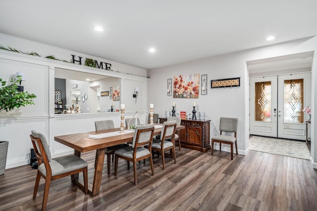 dining room with recessed lighting, french doors, dark wood-type flooring, and baseboards