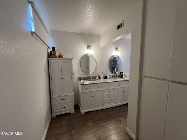 6001 Brougham St, Lancaster, CA 93536 - full bath featuring double vanity, wood finished floors, a textured ceiling, and a textured wall
