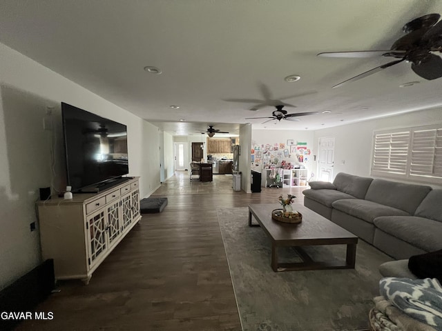 6001 Brougham St, Lancaster, CA 93536 - living room featuring a ceiling fan, dark wood-type flooring, and recessed lighting
