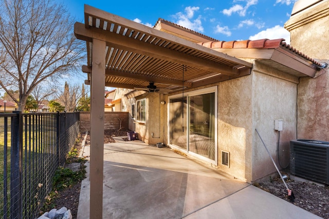 view of patio featuring a pergola, ceiling fan, and central air condition unit