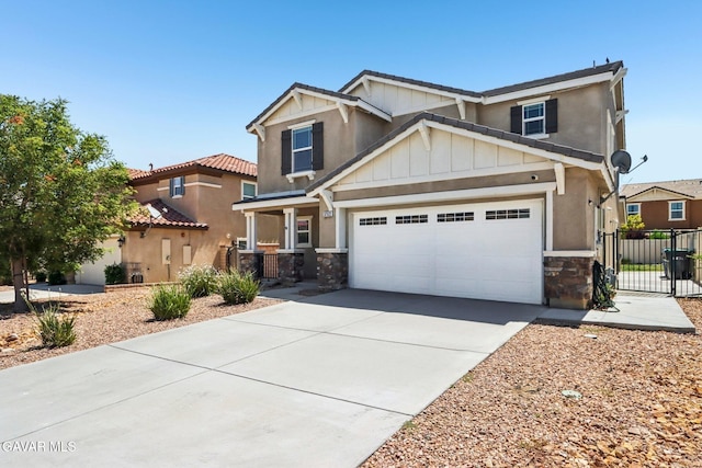37522 Citron Pl, Palmdale, CA 93551 - craftsman inspired home with stone siding, concrete driveway, board and batten siding, a gate, and an attached garage