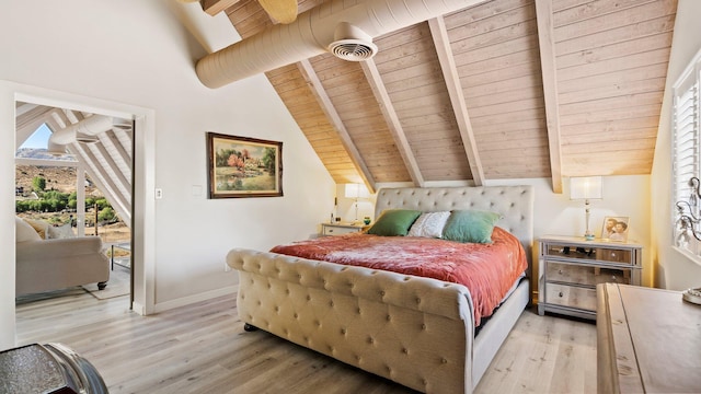 bedroom with lofted ceiling with beams, access to exterior, wood ceiling, and light wood-type flooring