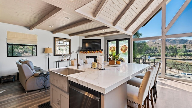 kitchen with dishwasher, wood ceiling, dark hardwood / wood-style floors, and sink