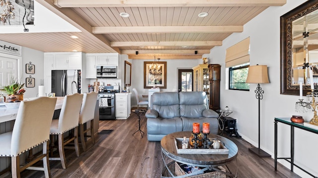 living room with dark hardwood / wood-style flooring, beamed ceiling, and wooden ceiling