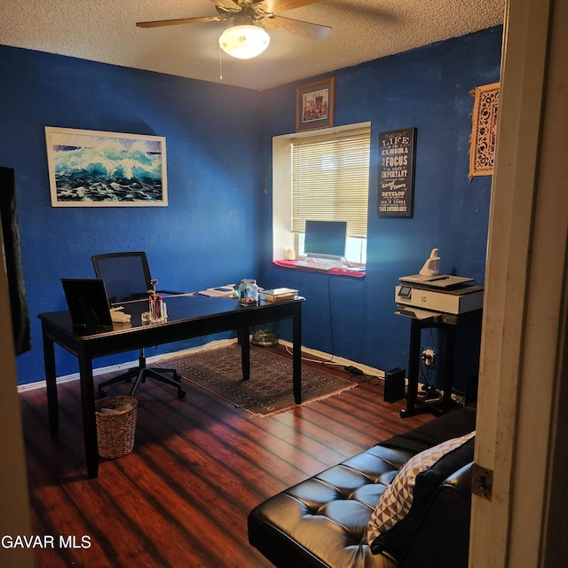 42902 Sachs Dr, Lancaster, CA 93536 - office area with wood finished floors, ceiling fan, and a textured ceiling