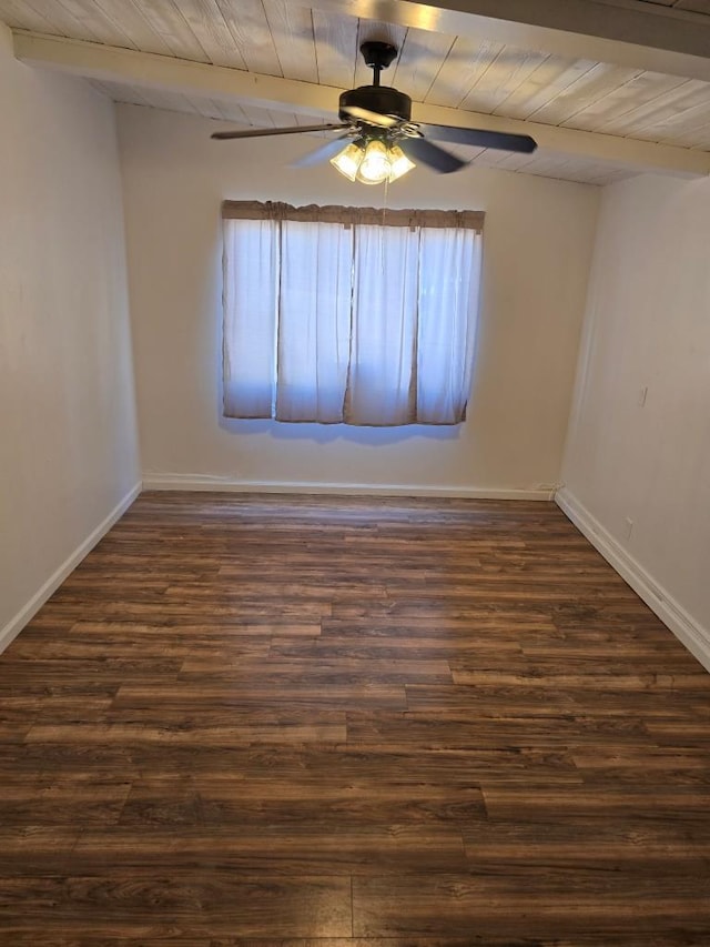 spare room featuring beamed ceiling, dark hardwood / wood-style flooring, ceiling fan, and wood ceiling