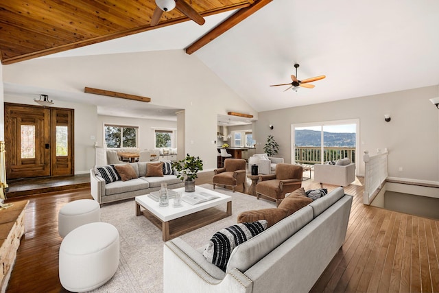 living room featuring beamed ceiling, ceiling fan, high vaulted ceiling, and hardwood / wood-style floors