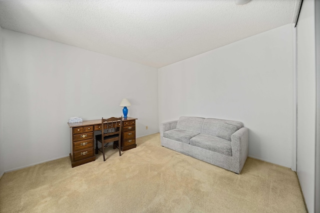 office area featuring light carpet and a textured ceiling