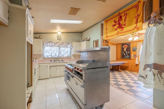 kitchen with ornamental molding, a textured ceiling, ceiling fan, wooden walls, and sink