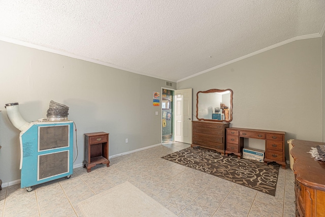 miscellaneous room with crown molding and a textured ceiling