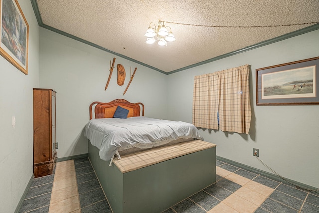 bedroom with a textured ceiling, crown molding, and a notable chandelier