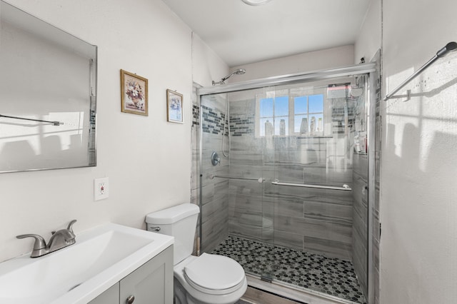 bathroom featuring a shower stall, toilet, and vanity