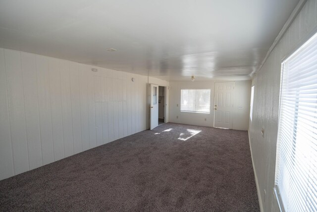 unfurnished room with wooden walls and carpet