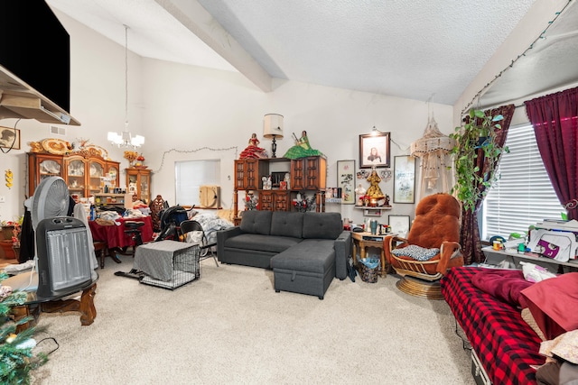 carpeted living room featuring a chandelier, a textured ceiling, and lofted ceiling with beams