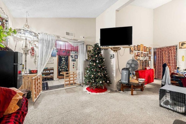 interior space featuring vaulted ceiling, carpet, and a textured ceiling