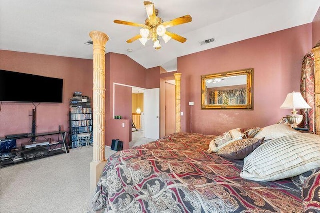 bedroom with ceiling fan, light colored carpet, and vaulted ceiling