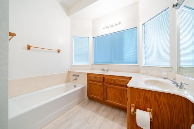 bathroom with a washtub and vanity