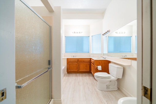 bathroom featuring vanity, a bidet, a shower with shower door, and toilet